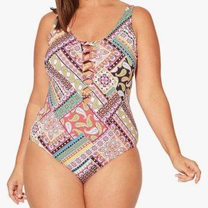 Bleu Rod Beattie Sz 18W NWT Just Cool Lace Down One Piece Multicolored Swimsuit
